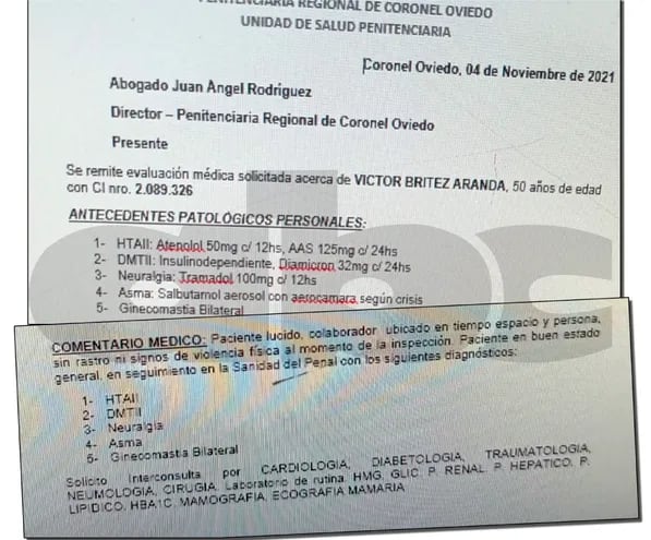 El informe del 4 de noviembre que la médica Dra. Giselle Lezcano Rivas, de la Penitenciaría Regional de Coronel Oviedo presentó al director del lugar.