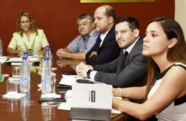 El titular de Seprelad Carlos Arregui (izq., traje azul), la diputada Rocío Vallejo (c), el diputado Ávalos Mariño y  Rosell del TSJE.