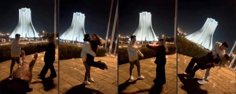 La pareja de Astiyazh Haghighi y Amir Mohammad Ahmadi baila frente a la torre de Teherán Azadi.