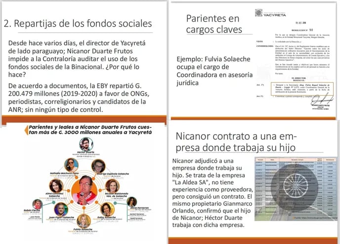 Diapositivas de las denuncias del senador Blas Llano (PLRA) contra la gestión del director de Yacyretá, Nicanor Duarte Frutos.
