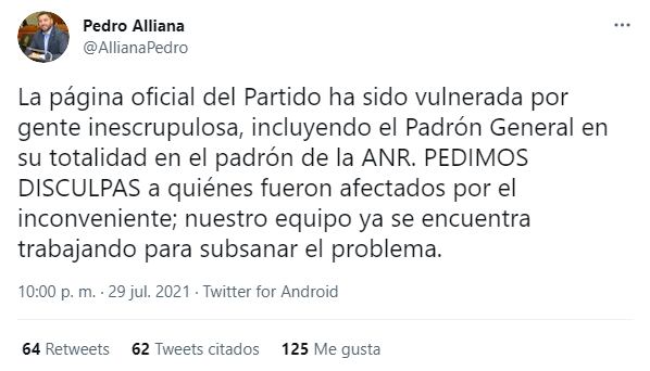Pronciamiento de Pedro Alliana tras escandaloso caso de afiliación masiva irregular a la ANR.