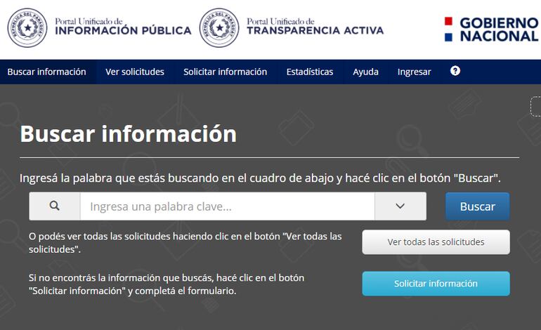 Captura de pantalla del portal web para requerir información pública.