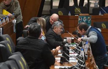 Los diputados Jorge Ávalos Mariño (PLRA) y Eusebio Alvarenga (PLRA) conversan en la sala de sesiones de Diputados.