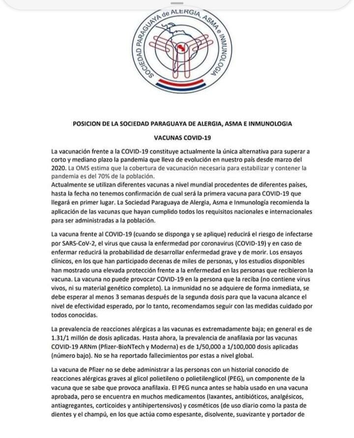 Comunicado de la Asociación Paraguaya de Alergia, Asma e Inmunología.