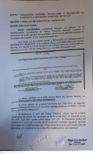 El pedido de impugnación presentado ante el Juzgado Electoral de Paraguarí.