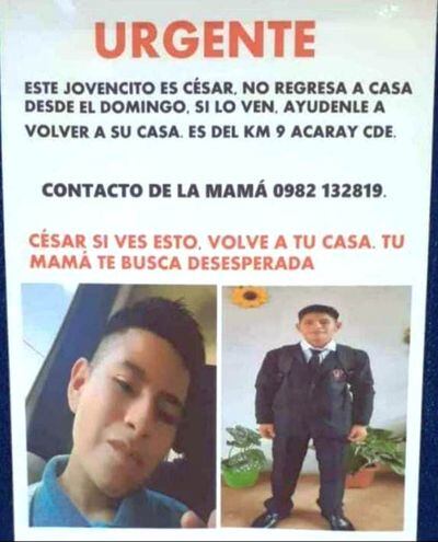 César Elías Ortega, estaba desaparecido desde el pasado domingo, luego de una discusión con su madre.