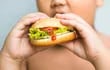 Un niño obeso come una hamburguesa