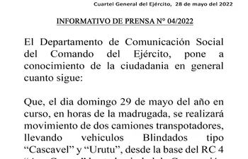 Comando del Ejército avisa del traslado de vehículos militares a Concepción.