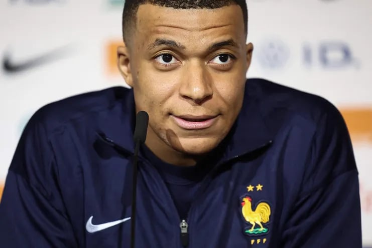 France's forward Kylian Mbappe speaks during a press conference at the Groupama Stadium in Decines-Charpieu, near Lyon, on March 22, 2024, on the eve of the friendly football match between France and Germany. (Photo by FRANCK FIFE / AFP)
