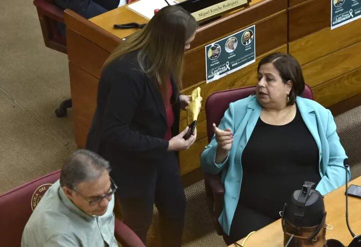 El senador Hugo Richer y la senadora Esperanza Martínez, del Frente Guasu sentados en sus bancas en la sala de sesiones del Senado, el jueves último.