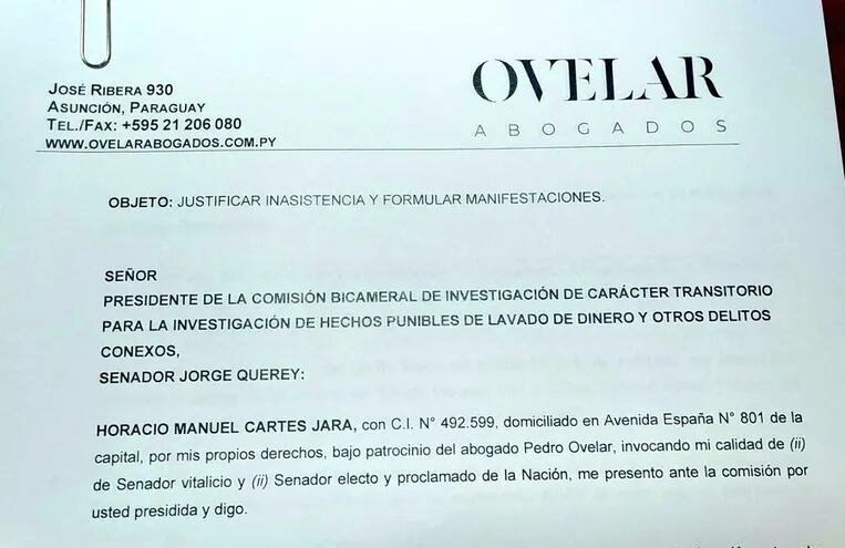 El expresidente Horacio Cartes informó por medio de su abogado que no asistirá a la convocatoria de la CBI de lavado de dinero.
