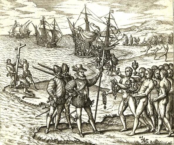 Epígrafe: Desembarco de Colón el 12 de octubre de 1492. Grabado de Theodor de Bry.