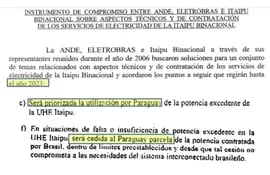 Partes del instrumento de compromiso entre ANDE, Eletrobras (hoy ENBPar) e Itaipú sobre contratación de excedentes de la binacional compartida con el Brasil.