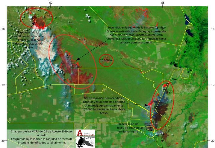 Los incendios actualmente activos. Sistema de Alerta Pilcomayo.