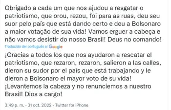 Tweet de Flavio Bolsonaro hijo de Jair Bolsonaro presidente en ejercicio del Brasil que fue derrotado en las urnas por Luiz Ignacio Lula Da Silva.