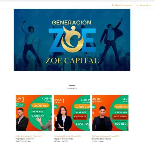 Ofrecimientos de paquetes de inversión que están visibles en el sitio web de Zoe Capital