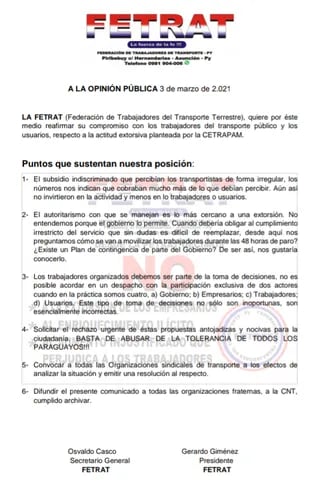 El comunicado emitido por la Federación de trabajadores de transporte terrestre (Fetrat) que rechaza el paro anunciado por los transportistas