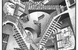 M. C. Escher: Relatividad (litografía, 1953).