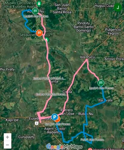 Mapa satelital de los dos tramos que serán utilizados el viernes para completar Alto Paraná.