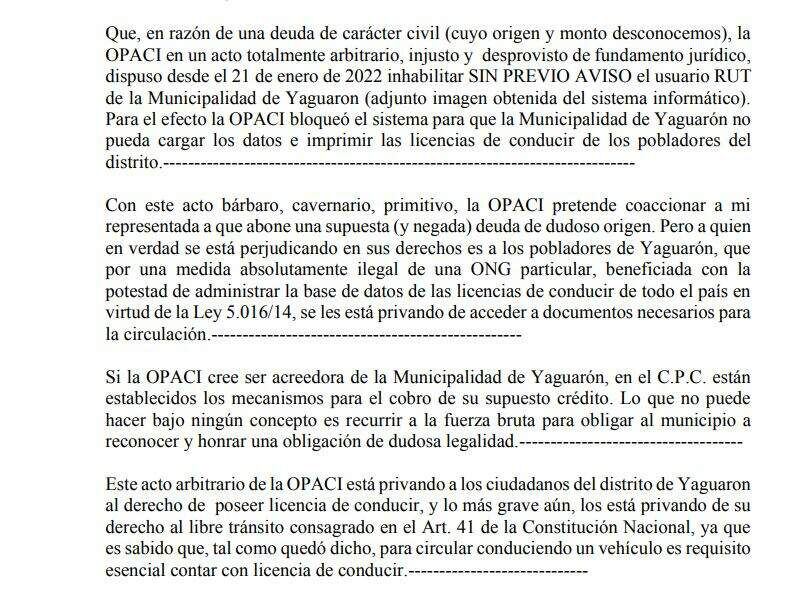 Parte del escrito presentado por la Municipalidad de Yaguarón en el cual pide ser desbloqueado su usuario para acceder al registro nacional y continuar expidiendo licencias de conducir.