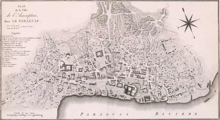 Mapa de Asunción confeccionado por Félix de Azara y publicado en la edición francesa de sus Viajes por la América Meridional (1809); en dicha ciudad también redactó el manuscrito que nos ocupa. Crédito: "David Rumsey Map Collection, David Rumsey Map Center, Stanford Libraries"