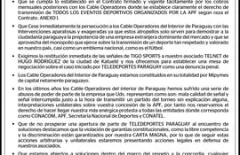 La Asociación de Cable Operadores del Interior del Paraguay (ACIP) remitió una nota a Teledeportes Paraguay S.A. del Grupo Millicom Tigo.