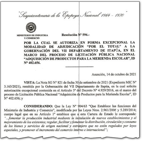 Resolución N°596/2021 del MIC de fecha 14 de octubre, en la cual se le autoriza  a la Gobernación de Itapúa  implementar la maniobra de adjudicación por el total.