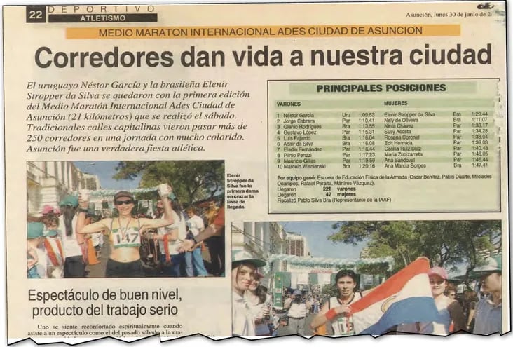 Página del suplemento deportivo de ABC Color  del 30 de junio de 2003 en la que se publicaron los detalles de la primera edición de la Media Maratón Ciudad de Asunción.