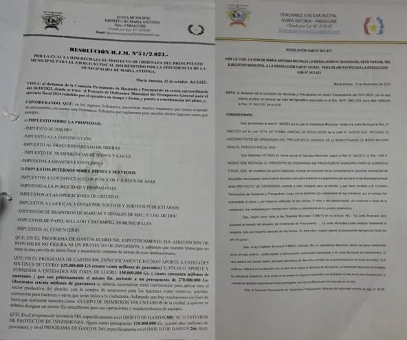 Las resoluciones N° 54 y N° 60 por las cuales la Junta Municipal de María Antonia rechazó el proyecto de ordenanza del presupuesto del ejercicio fiscal 2024 de la Municipalidad.