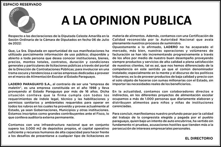 Comunicado a la opinión pública de Ladero Paraguayo S.A.