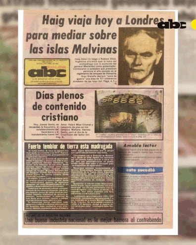 La primera publicación periodística destacada en la tapa del diario del 8 de abril de 1982, en que se relatan las primeras informaciones sobre el temblor.