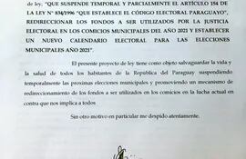 Nota firmada por Galaverna, que no obstante aclaró que oficialmente aún no le dio entrada al proyecto de Ley.