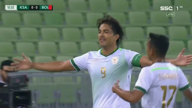 Marcelo Moreno Martins (9), delantero de Bolivia, festeja el tanto que anotó contra Arabia Saudita en el amistoso internacional de la Fecha FIFA de marzo.