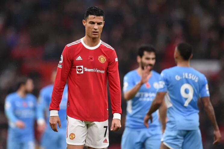 Cristiano Ronaldo, en el derbi de Manchester que el City ganó en Old Trafford por la Premier League 2021-2022.