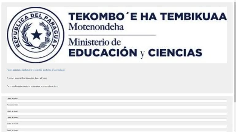 Captura de pantalla del sitio falso que asegura ser del Ministerio de Educación, solicitando información confidencial.