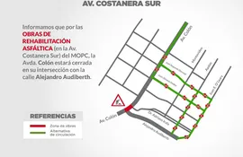 Imagen divulgada por la PMT de Asunción, para indicar las calles alternativas a la avenida Colón, que estará cerrada desde hoy.