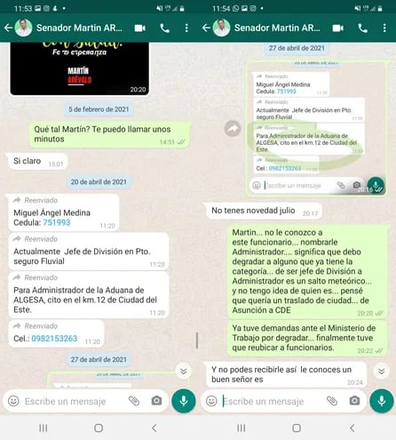 Mensajes intercambiados entre el titular de Aduanas y el senador Martín Arévalo.