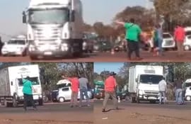 Momento en que camiones son sacados de la ruta por los manifestantes. (Captura de video).