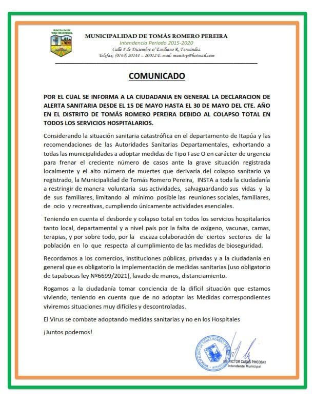 Municipio de Tomás Romero Pereira se declara en alerta sanitaria.