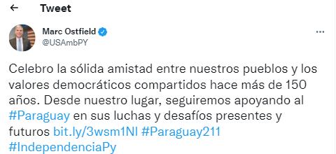 Saludo del embajador Marc Ostfield a Paraguay por los 211 años de Independencia.