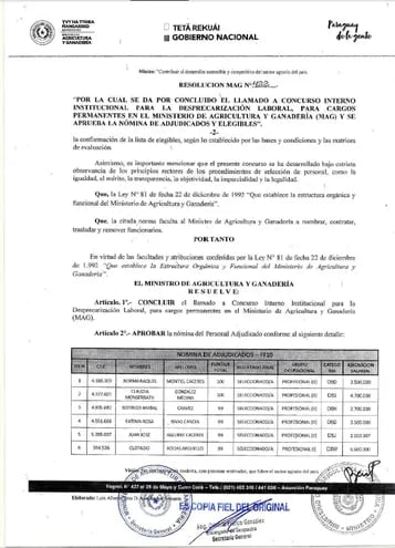 Copia de la Resolución 422 del MAG en el cual el cuestionado Clotildo Rodas aparece en el lugar número seis de una total de 180 funcionarios que integran la nómina de “adjudicados y elegibles” para ser nombrados como funcionarios permanentes.