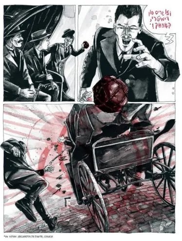 Atentado de Simón Radowitzky contra el coronel Falcón en el cómic "155", de Agustín Comotto (Nórdica, 2016, 270 pp.).