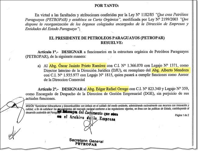 Resolución 002/2021 de Denis Lichi, con fecha del 5 de enero, en la que nombró al nuevo director jurídico, Óscar Jasinto Prieto, y le dio otras funciones al abogado Alberto Mendoza, aunque no explican qué tareas específicas.