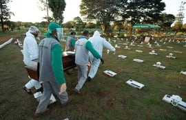 Trabajadores del cementerio Campo de Esperanza entierran una víctima de COVID-19 en Brasilia.