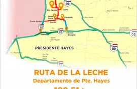 Trazado de lo que será la “Ruta de la Leche” en el Chaco. Intervendrán 188,2 kilómetros.