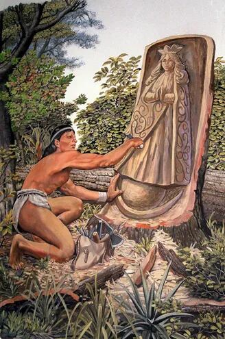 Imagen  recreada del indígena guaraní de la misión de Tobatí tallando  una de las imágenes de la Inmaculada Concepción de María.  El retrato se puede apreciar en el Mirador de la Basílica.