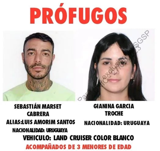 Sebastián Marset, ahora tiene tatuajes en la zona del cuello, y su esposa Gianina García Troche, con los datos de sus nacionalidades oficiales y falsas. La imagen fue difundida por autoridades bolivianas.