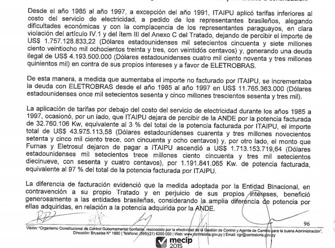 Facsimil del informe final sobre la deuda de Itaipú, de la Contraloría General de la República.
