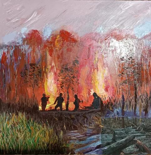 Los incendios forestales inspiraron este cuadro de Gladys Ginés que forma parte de la muestra "Concienciarte".