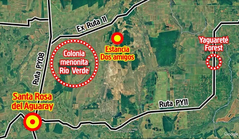 La estancia Dos Amigos, atacada por el EPP, queda cerca de la colonia menonita Río Verde, en el distrito de Santa Rosa del Aguaray, departamento de  San Pedro.